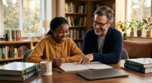 מורה פרטי חייכן מסייע לתלמידה צעירה בלימודי ביולוגיה ואלגברה סביב שולחן עץ בספרייה.