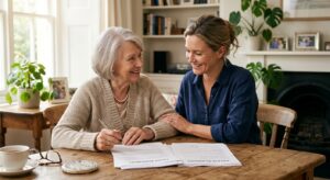 אישה מבוגרת חותמת על מסמכי תכנון עיזבון והסכמי נאמנות לצד אישה צעירה המחייכת ותומכת בה